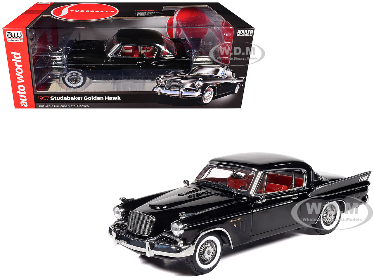 1957 Studebaker Golden Hawk Midnight Black with Red Interior 1/18 Diecast Model Car by Auto World