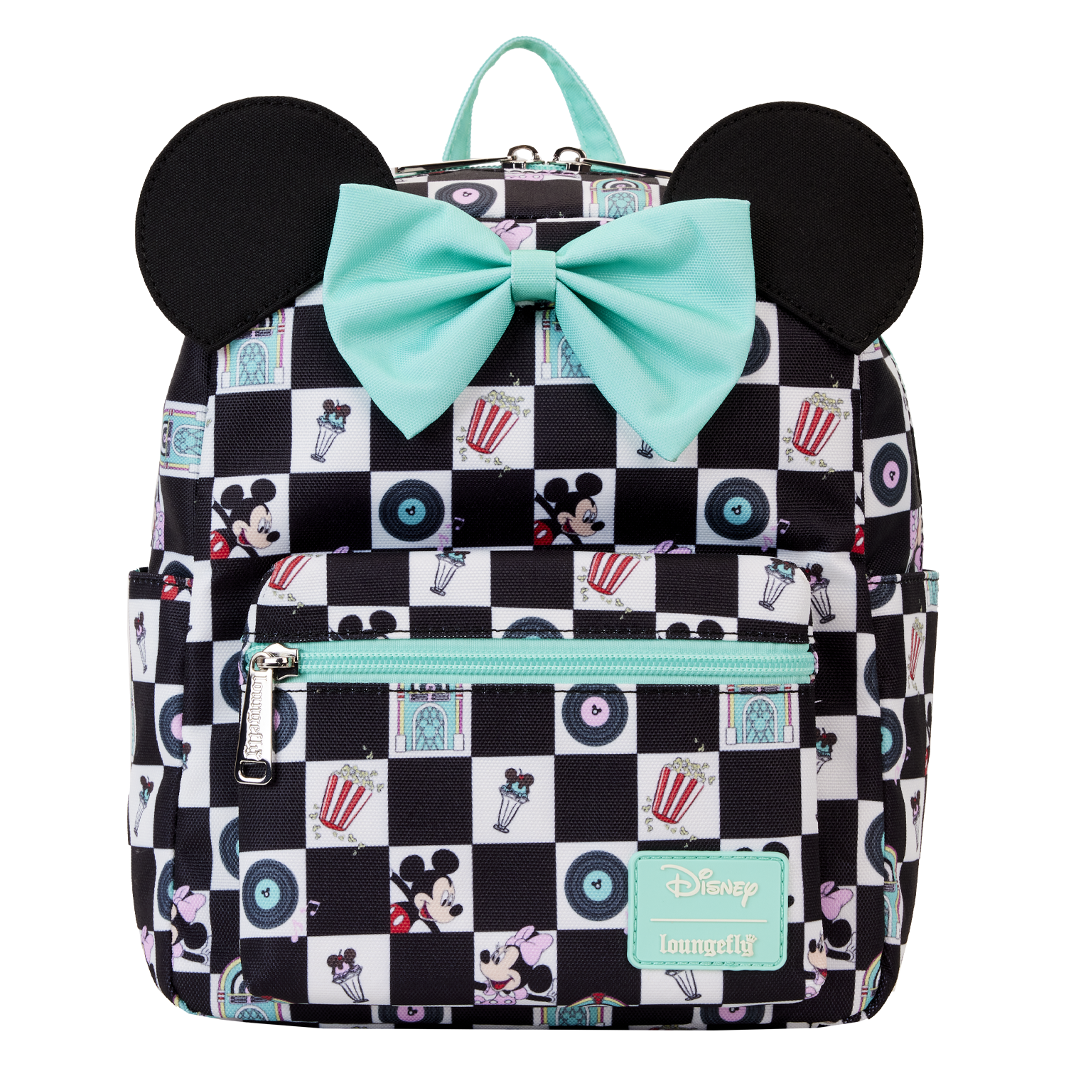 Mickey & Minnie Date Night Diner Checkered All-Over Print Nylon Square Mini Backpack | Officially Licensed | Loungefly