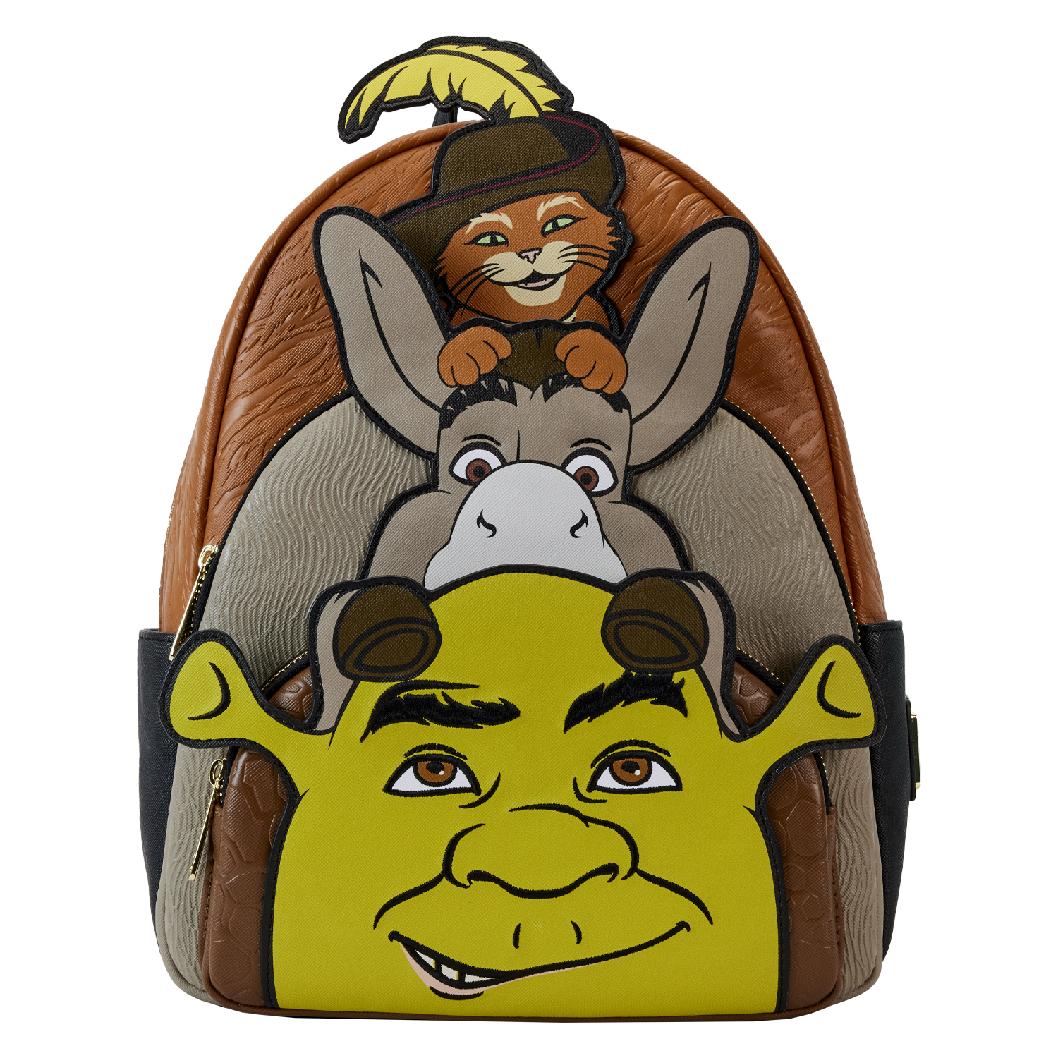 Shrek, Donkey, & Puss in Boots Trio Exclusive Triple Pocket Mini Backpack | Officially Licensed | Plastic/Vegan Leather | Loungefly