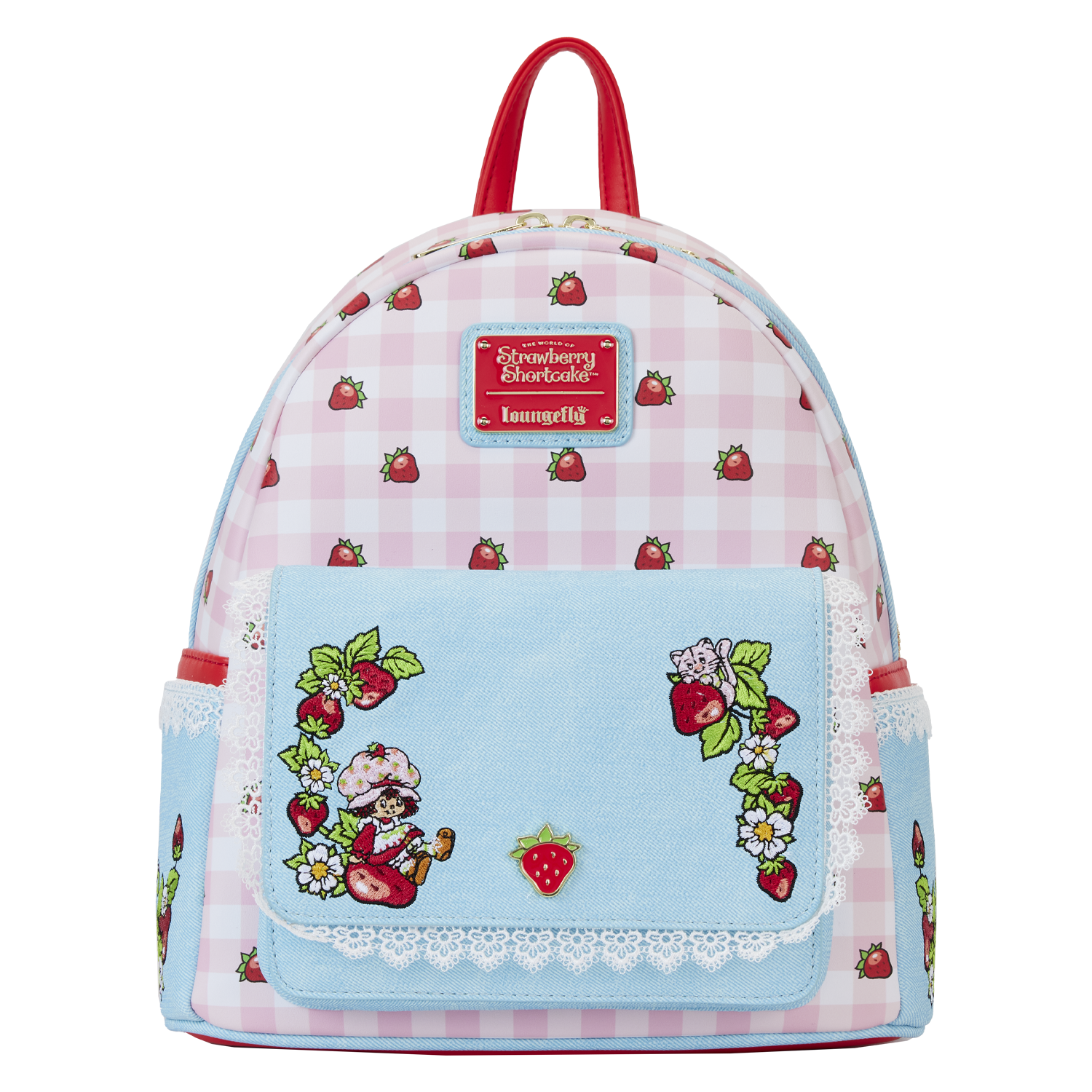 Strawberry Shortcake Denim Pocket Mini Backpack | Officially Licensed | Plastic/Vegan Leather | Loungefly